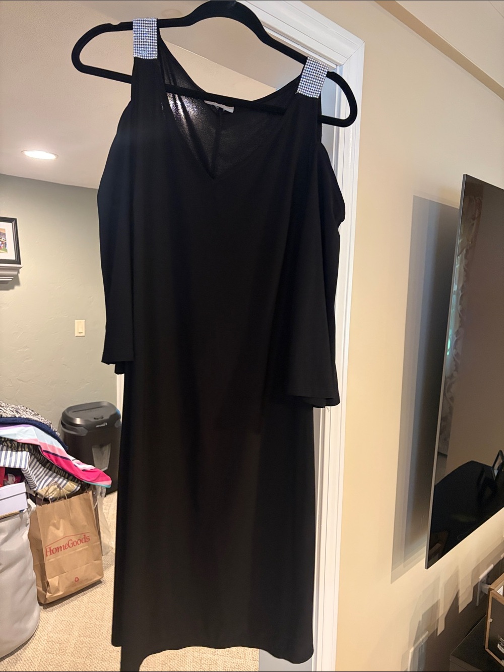 Dress Barn Black One-Shoulder Dress with Rhinestone Straps